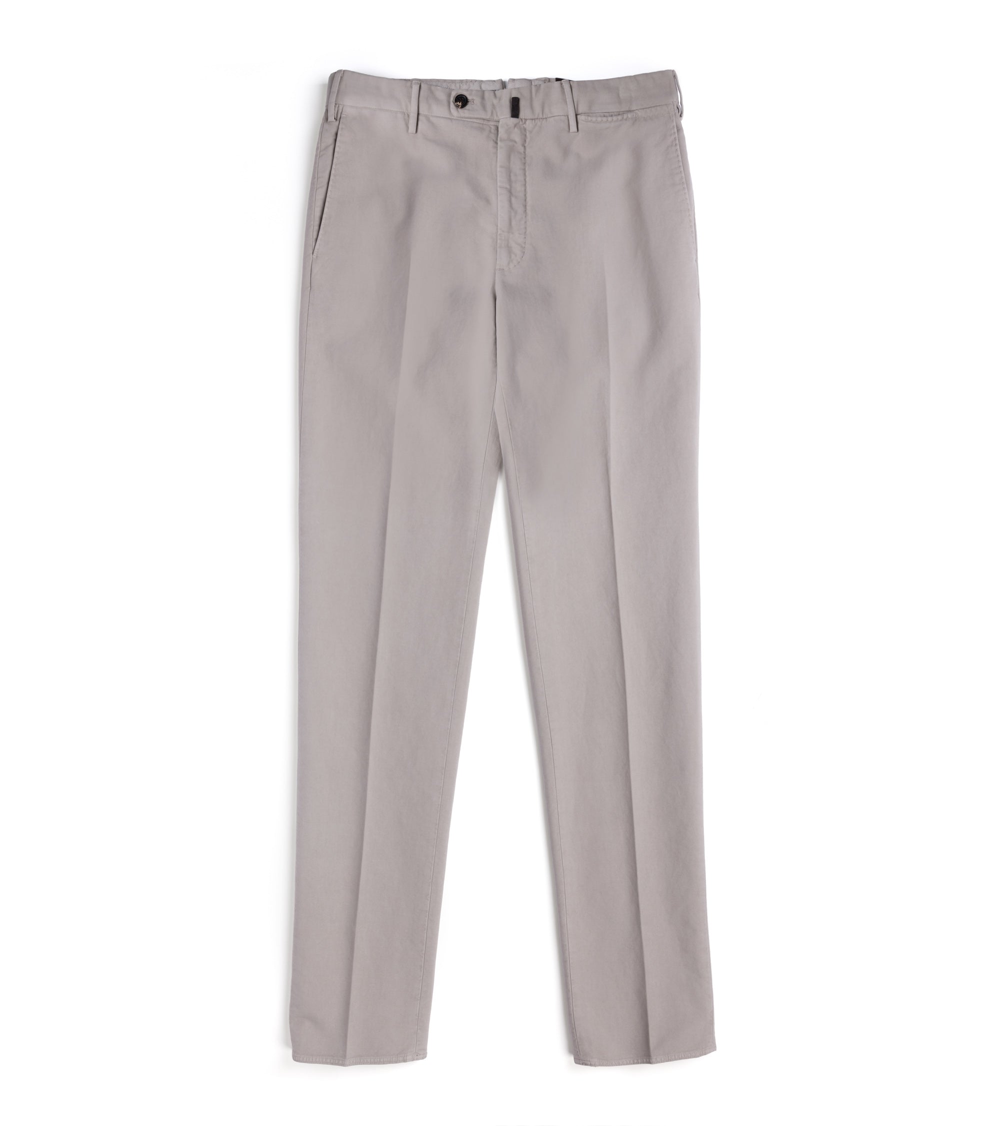 A pair of greige regular-fit trousers shown flat against a plain white background.