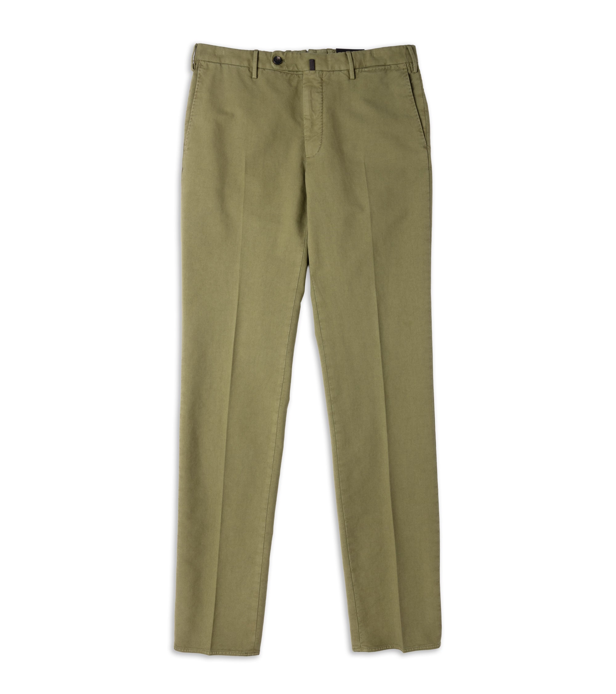 A pair of olive green regular-fit chino pants shown flat against a solid white background.