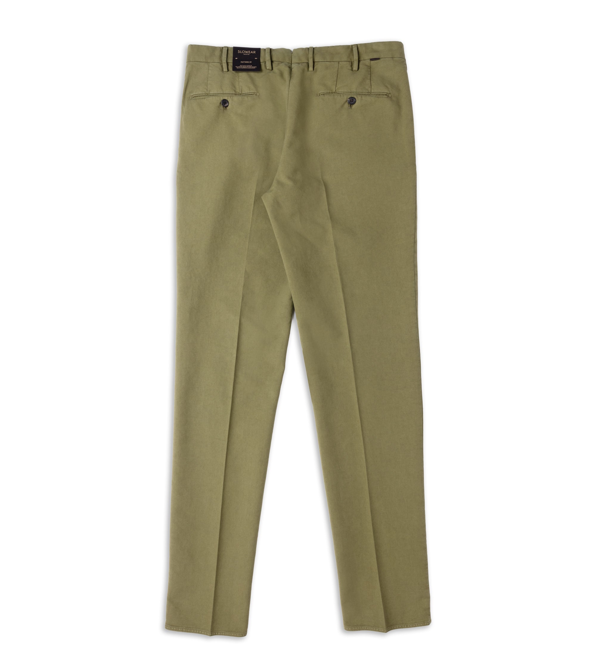 A pair of olive chino pants shown from the back, featuring two buttoned welt pockets and belt loops, laid flat against a white background.