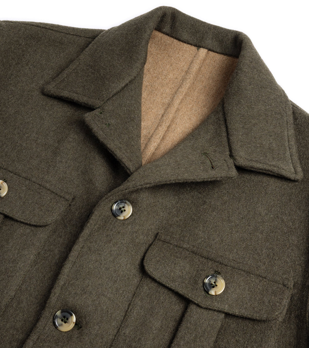 Justo Gimeno Double Faced Wool Safari Jacket in olive, close-up view showing collar and chest pocket details