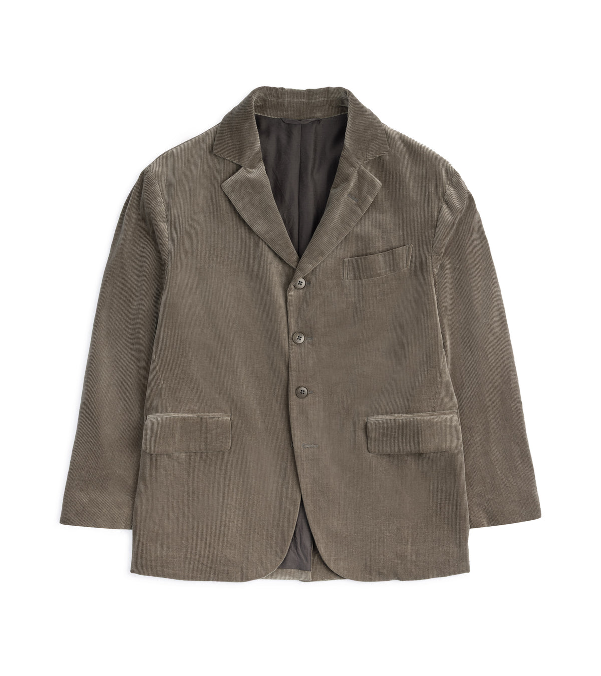 A taupe brown corduroy blazer jacket with notch lapels, three front buttons, and two front flap pockets, shown flat on a white background.