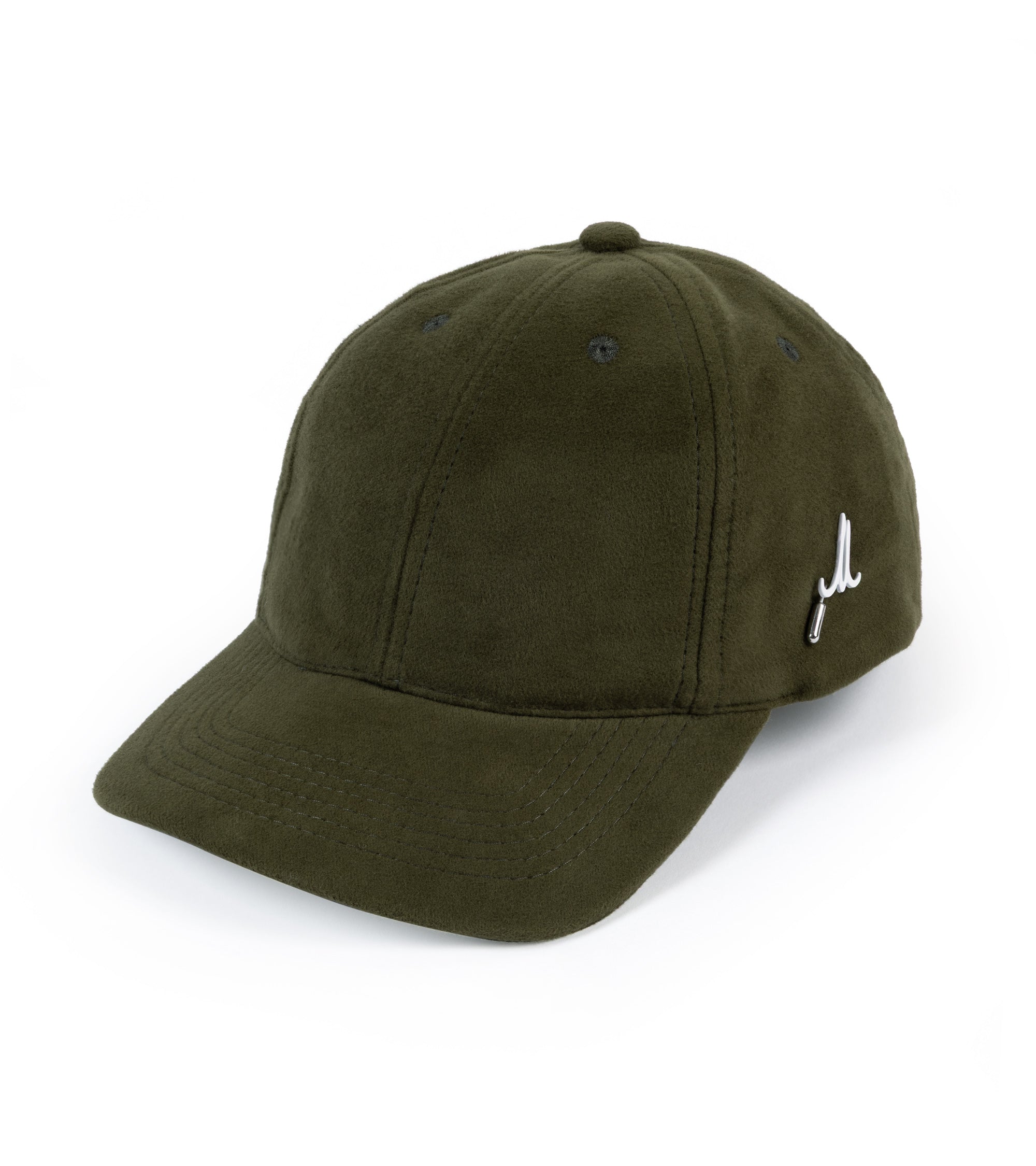 An olive green baseball cap with a small white pin logo on the side, photographed on a clean white background.