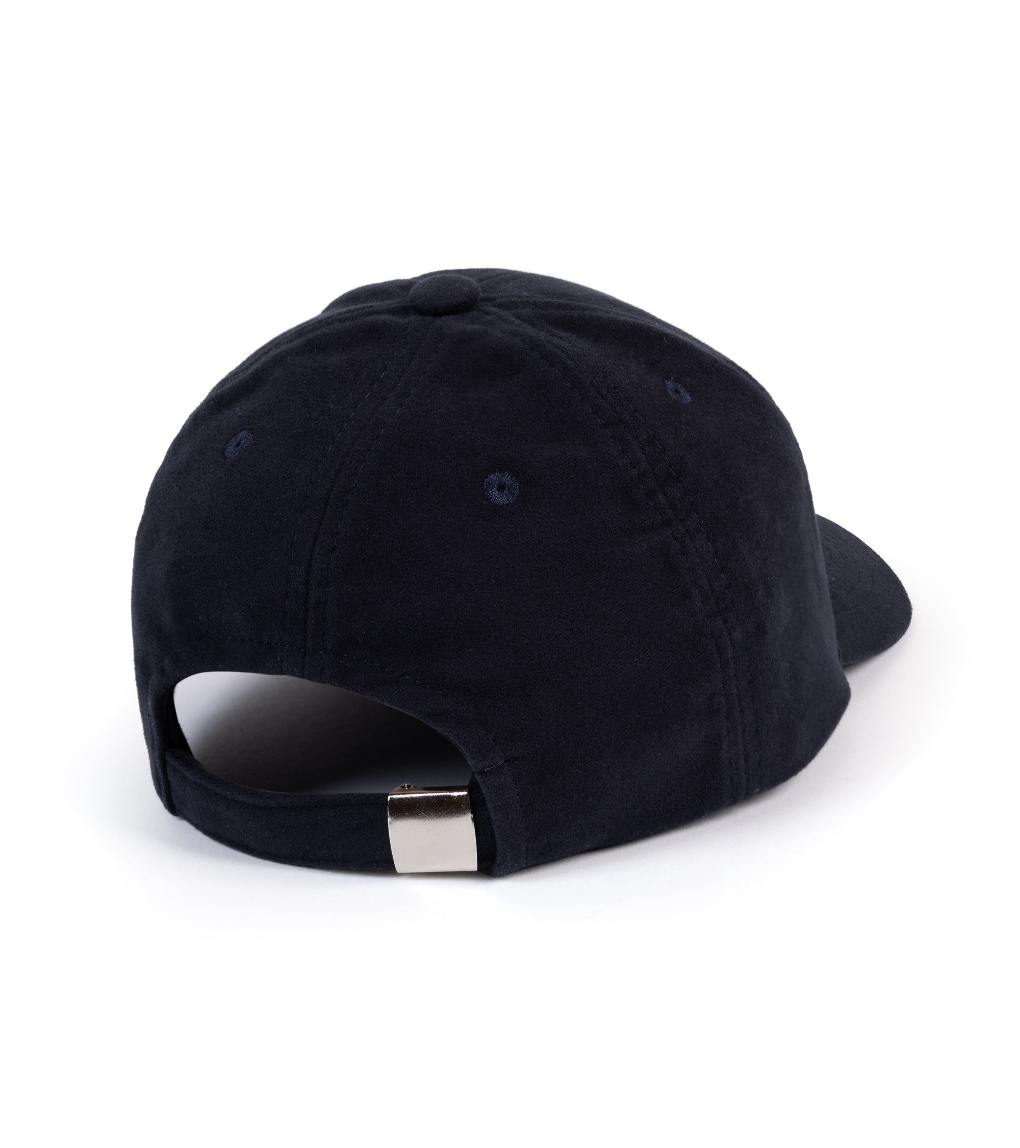 A dark navy blue baseball cap shown from the back, featuring a fabric texture and an adjustable snapback closure with a silver metal slider, set against a plain white background.