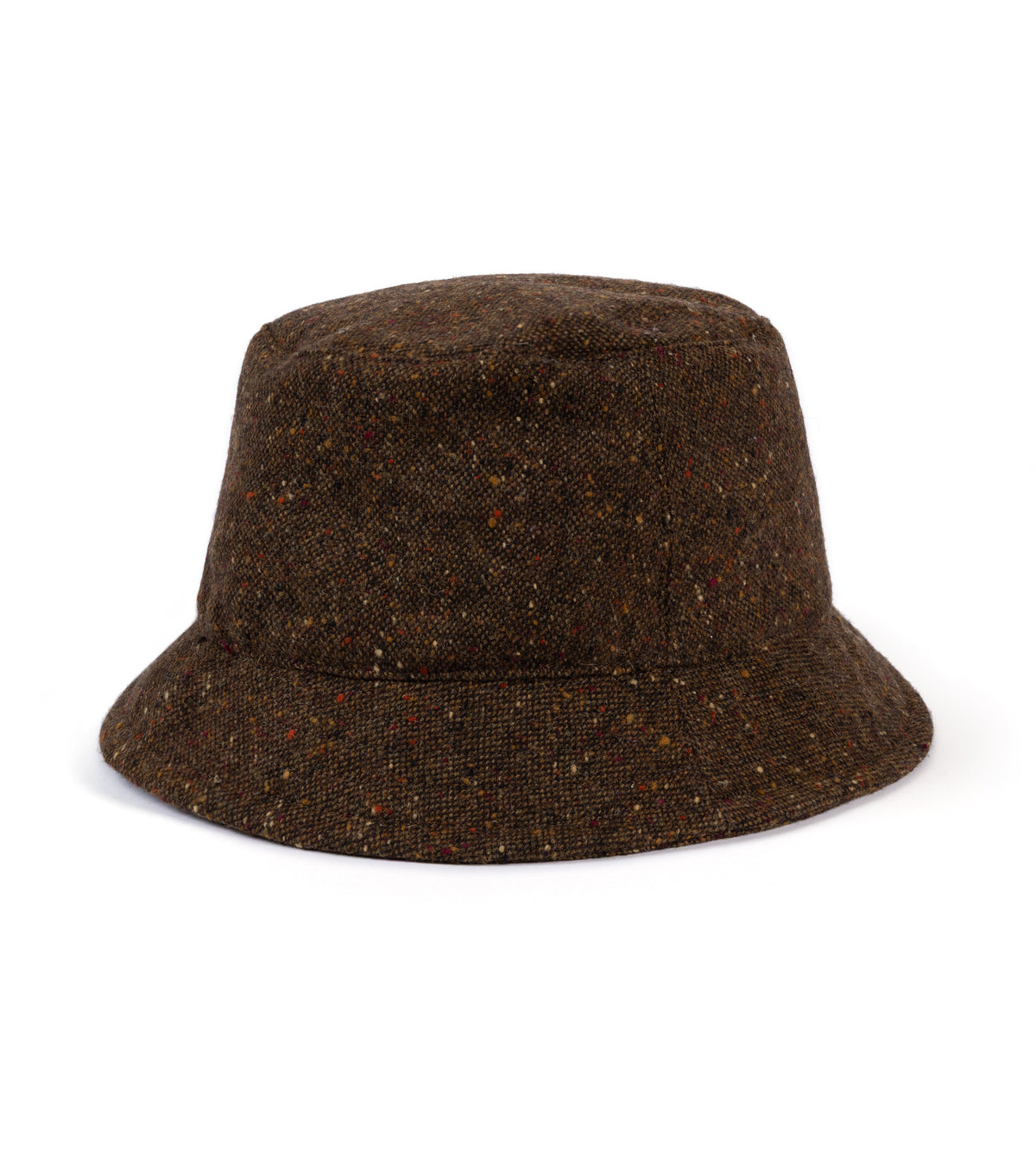 A dark brown tweed bucket hat with subtle multi color flecks.