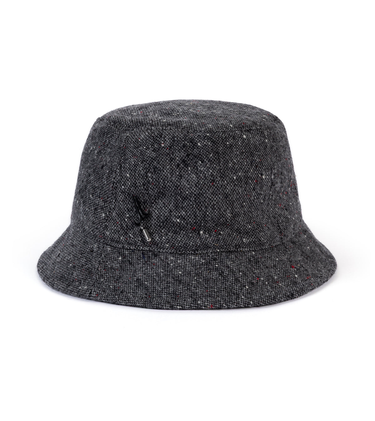 A dark gray tweed bucket hat with subtle multi color flecks.