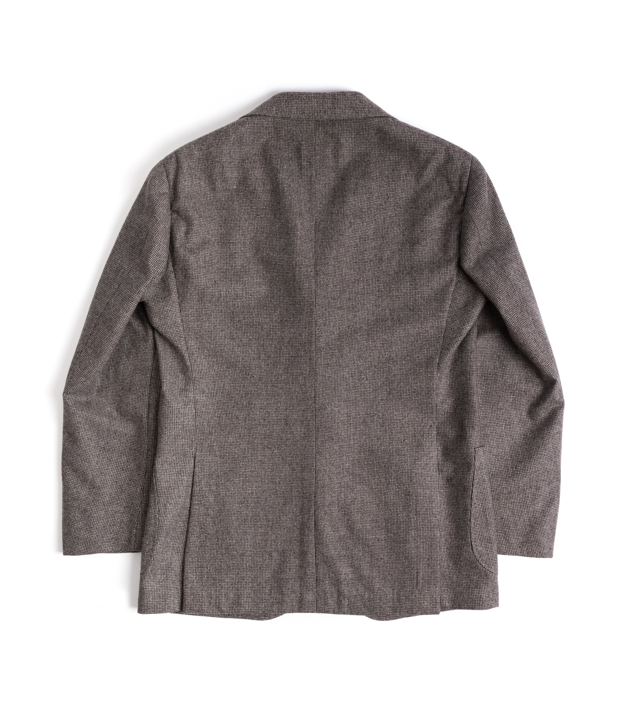 A brown textured wool blazer shown from the back, laid flat against a clean white background.
