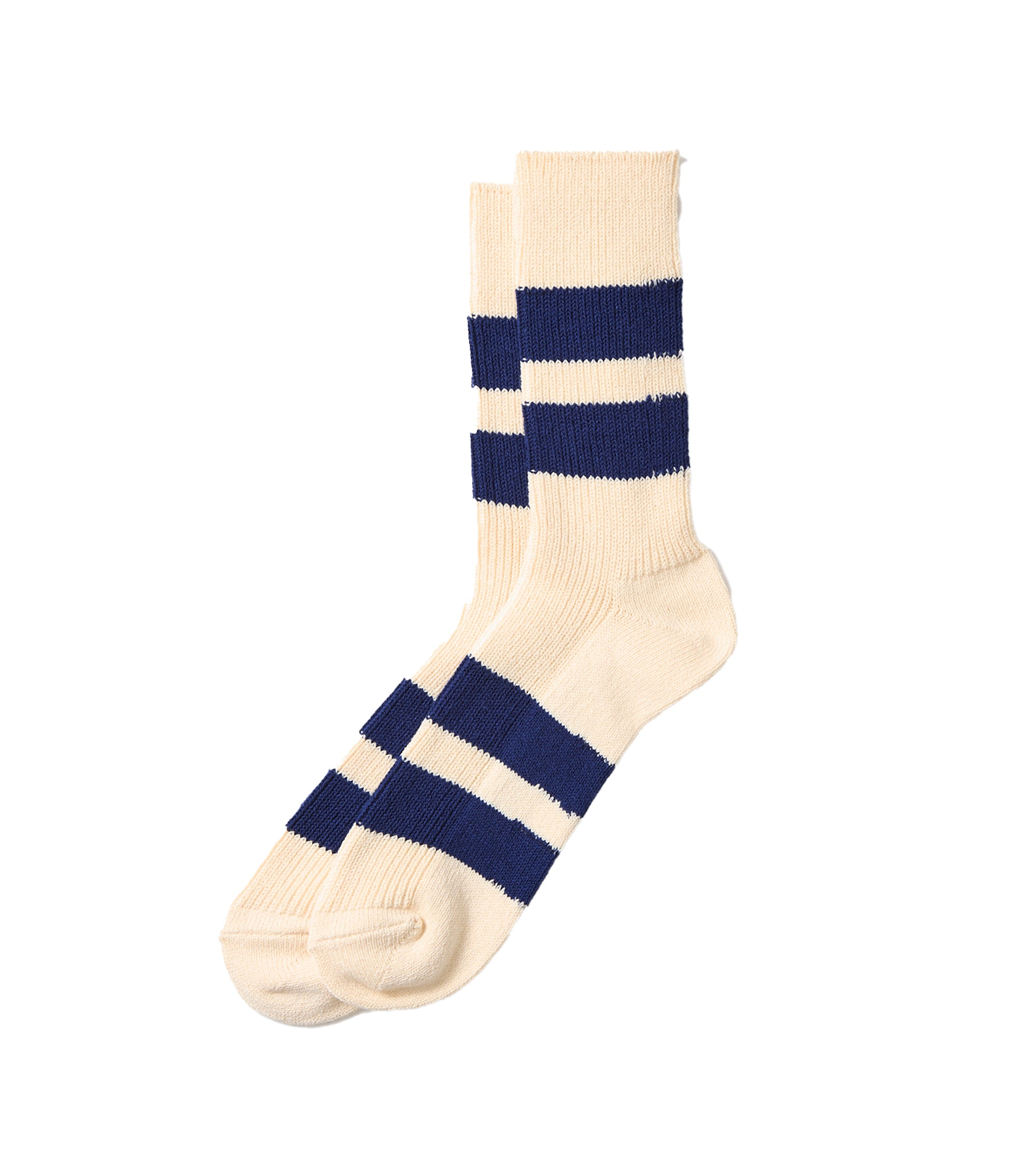 RoToTo Recycled Cotton Stripe Crew Socks: Ecru/Navy