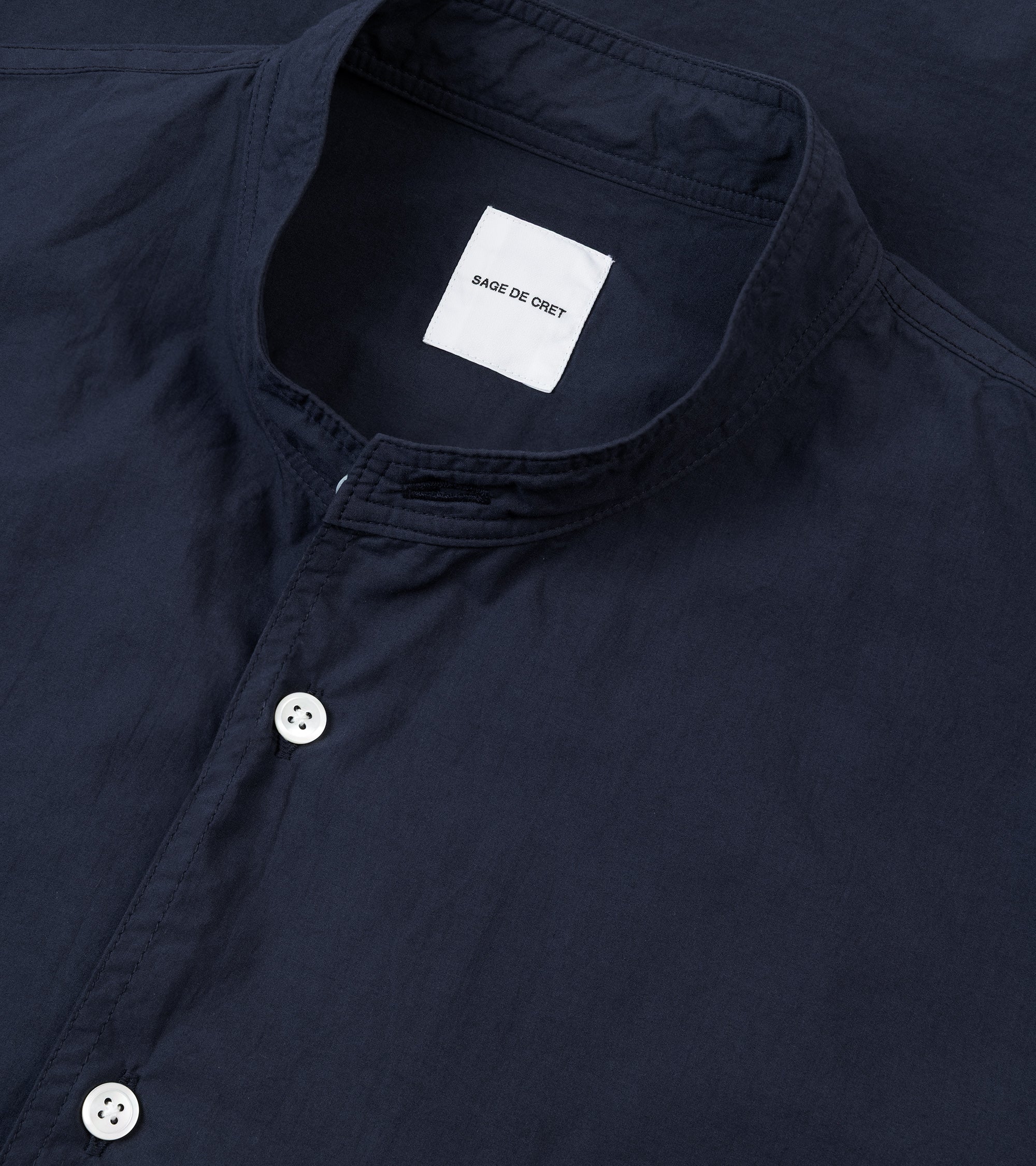 Sage de Cret Organic Cotton Broadcloth Stand Collar Long Shirt: Navy
