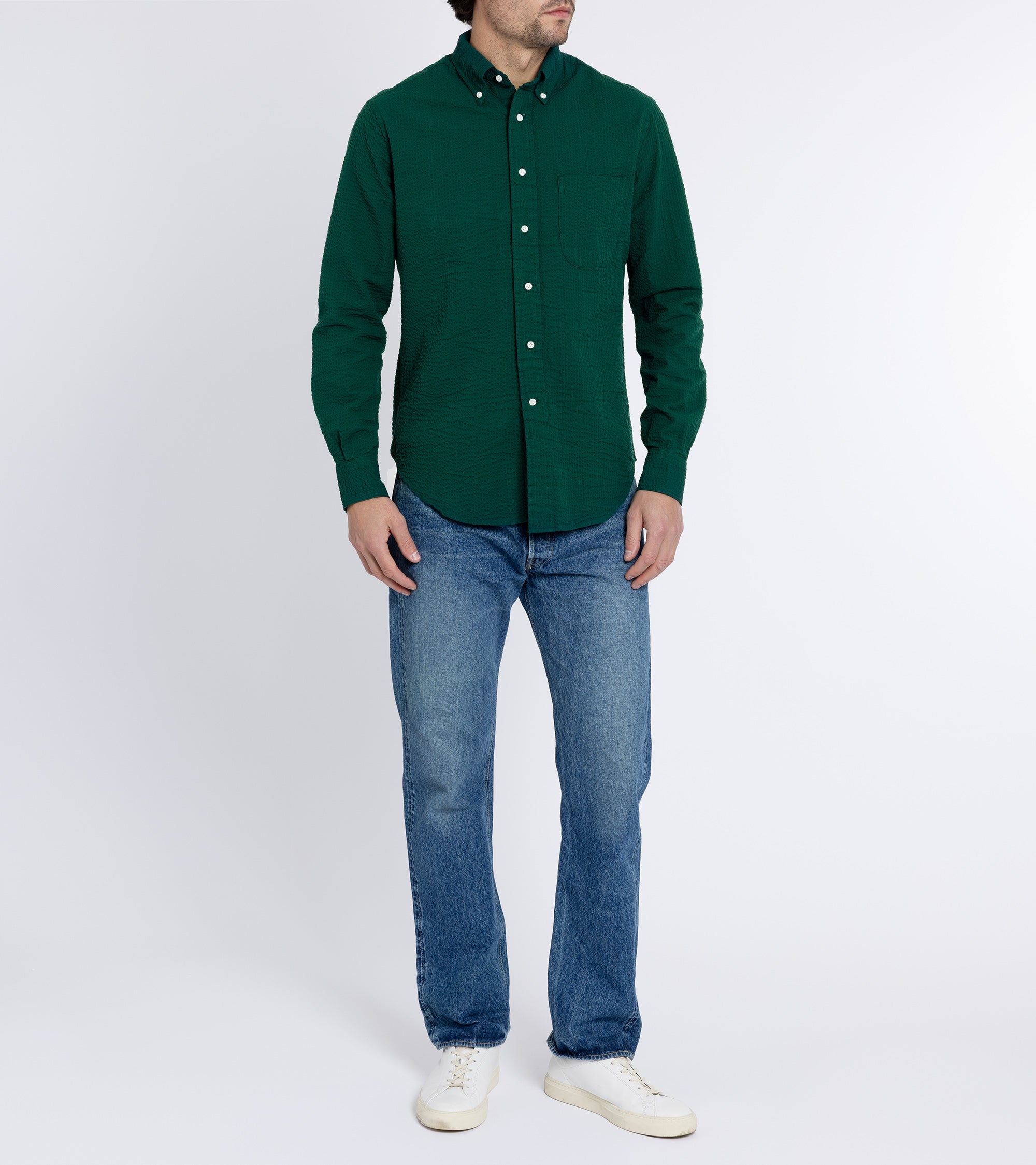 Gitman Vintage Cotton Seersucker Camp Collar Shirt: Forest Green