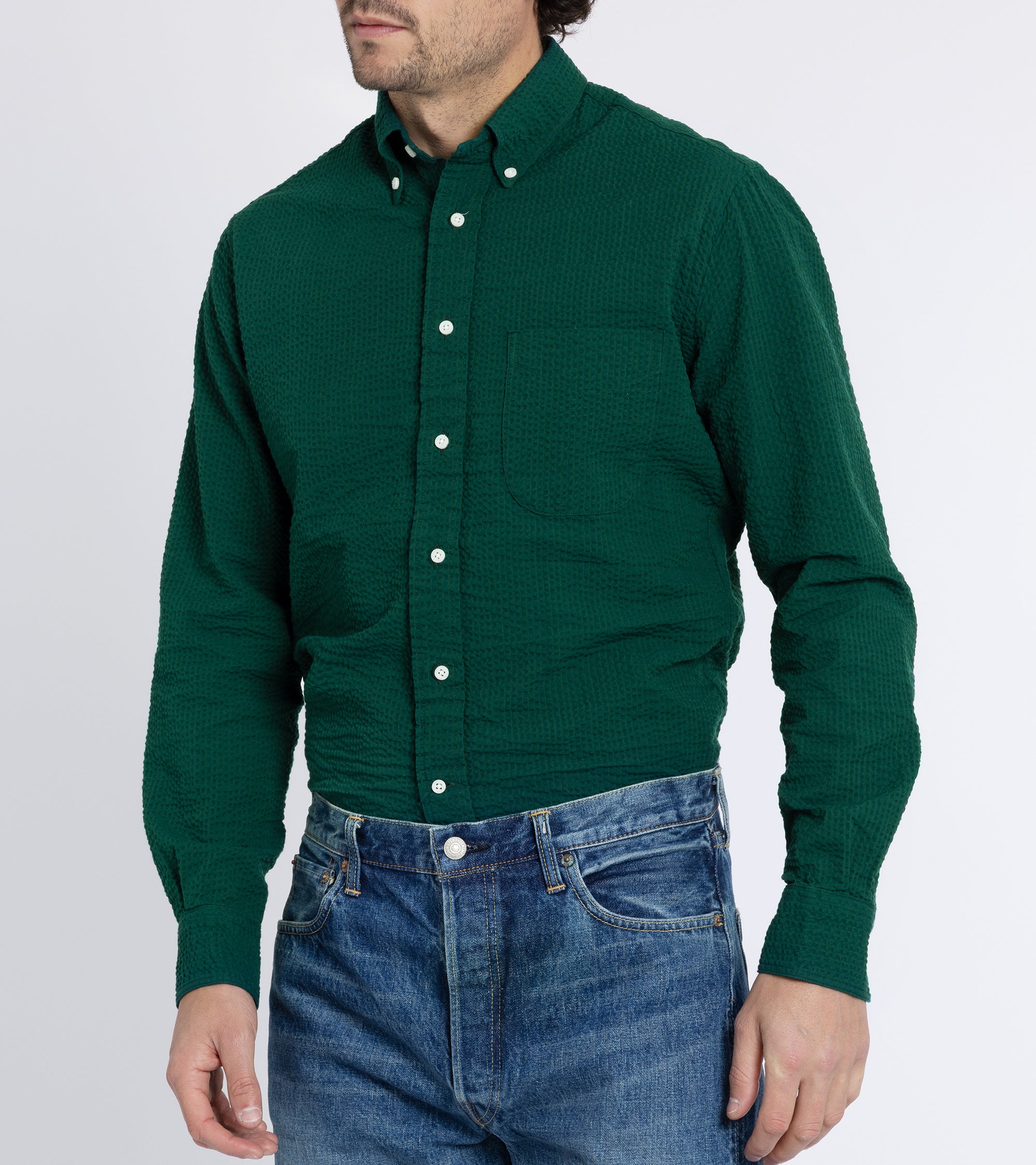 Gitman Vintage Cotton Seersucker Button Down Shirt: Forest Green