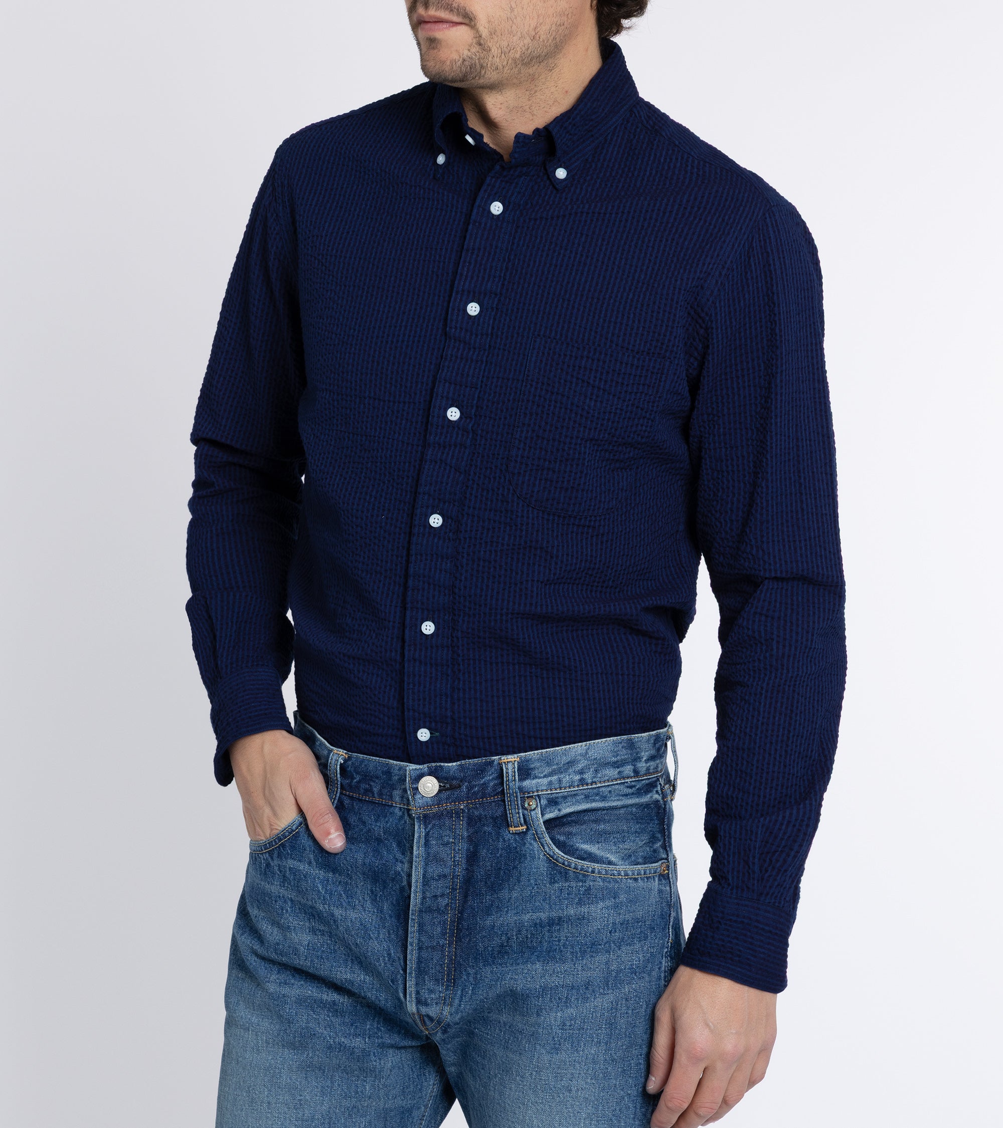 Gitman Vintage Cotton Seersucker Button Down Shirt: Navy