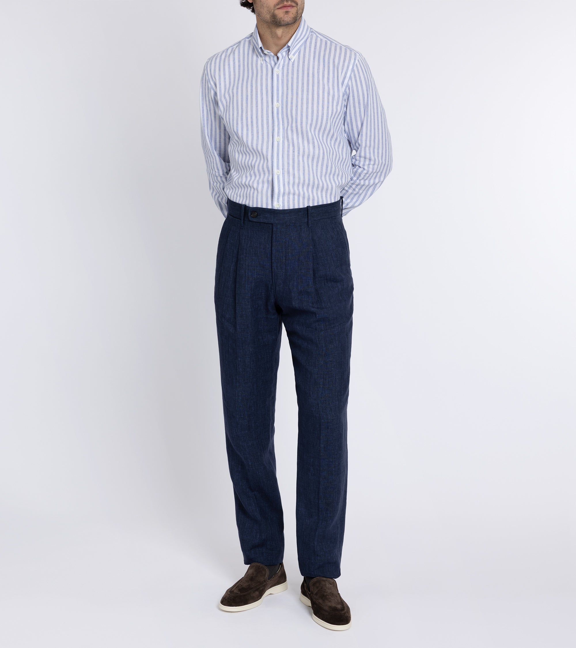 Incotex Pleated Linen Trousers: Navy