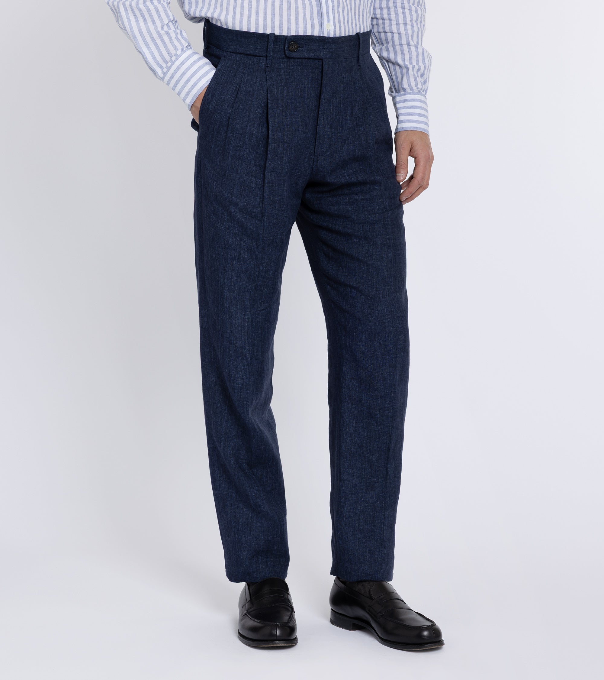 Incotex Pleated Linen Trousers: Navy