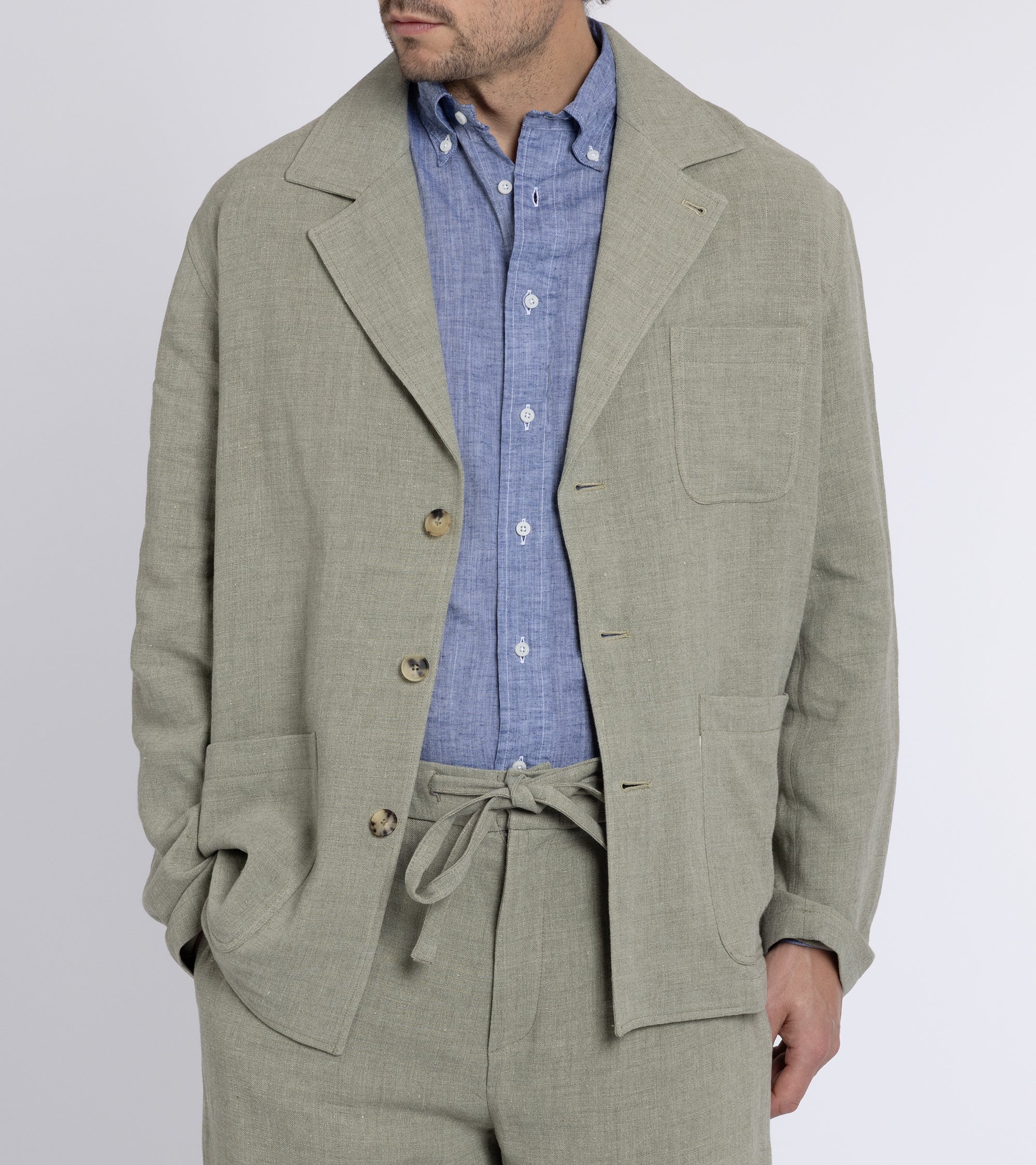 De Bonne Facture Wool Linen Traveler Jacket: Almond Green