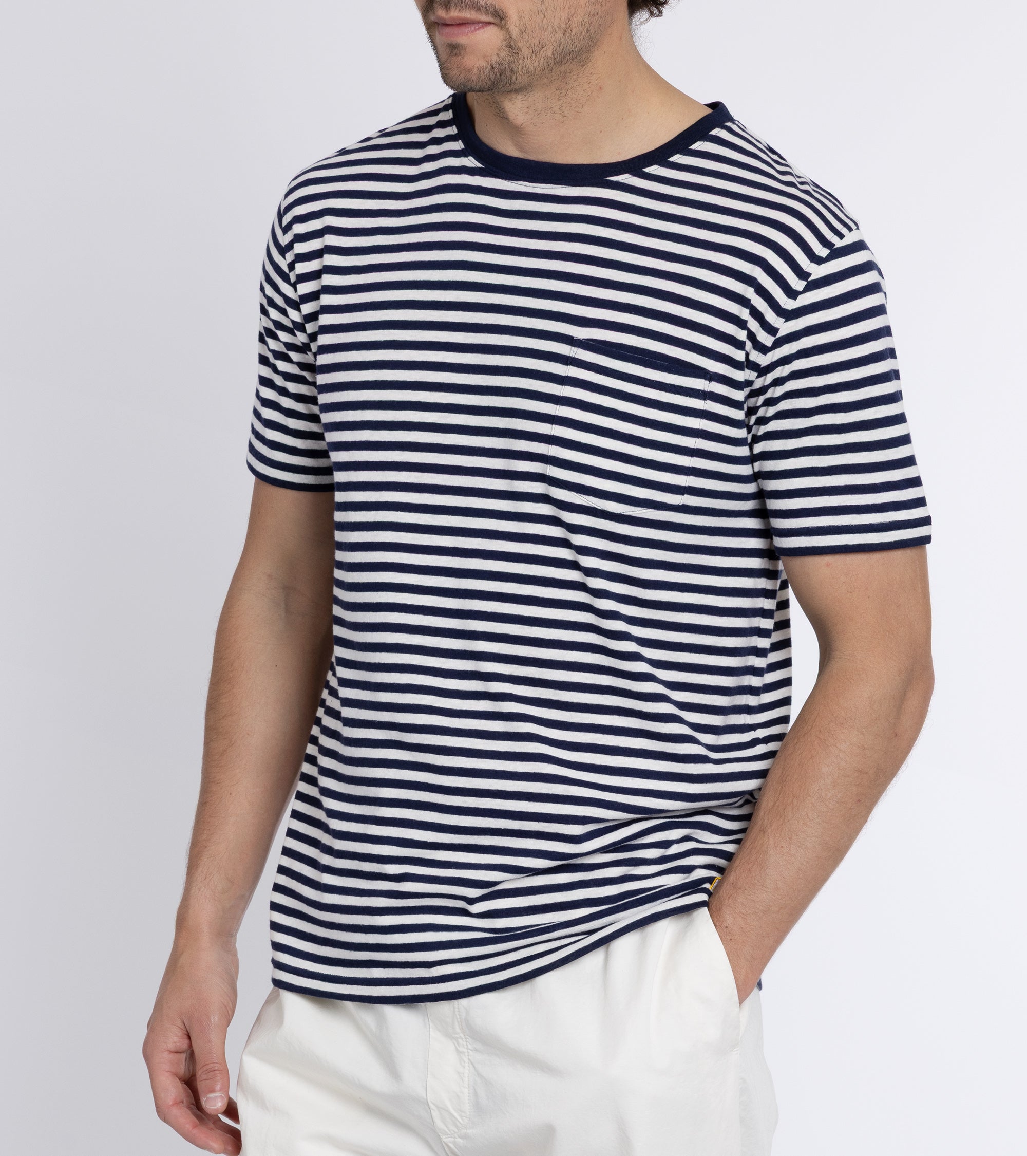 Armor Lux Cotton Linen Striped T-Shirt: Navy