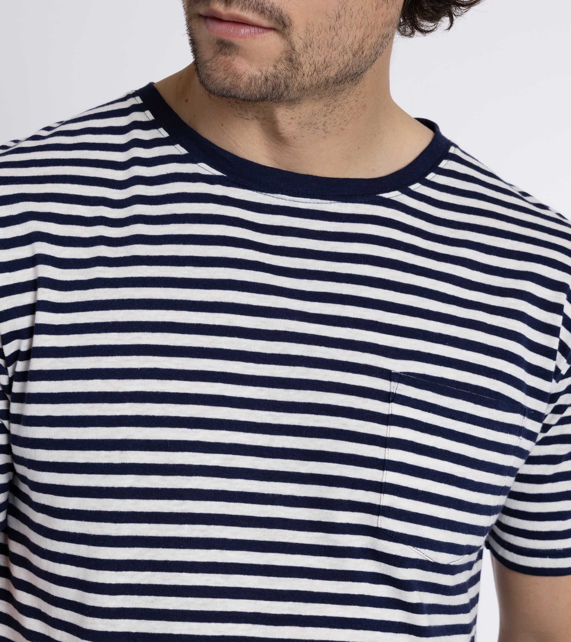 Armor Lux Cotton Linen Striped T-Shirt: Navy