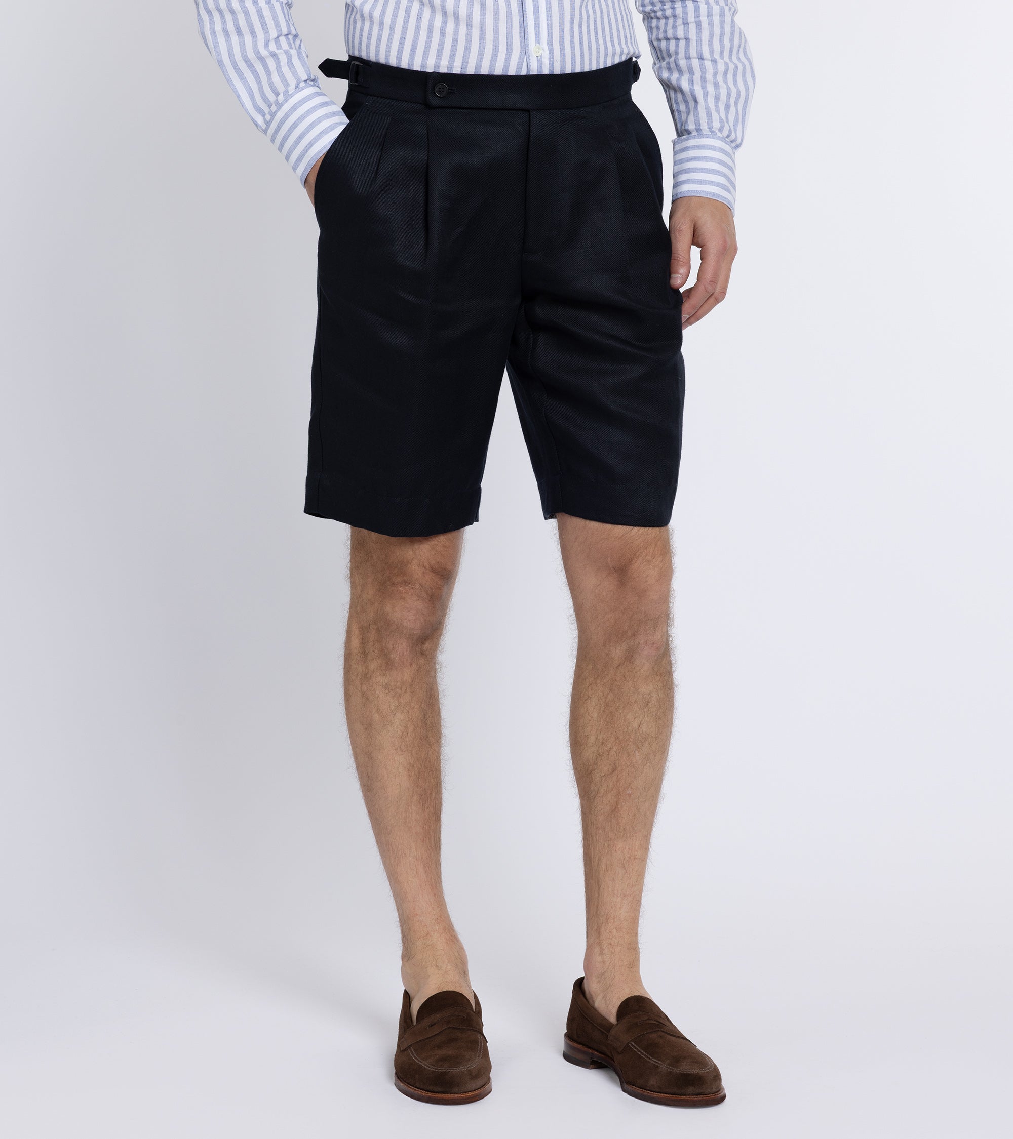 Incotex Pleated Linen Shorts: Navy