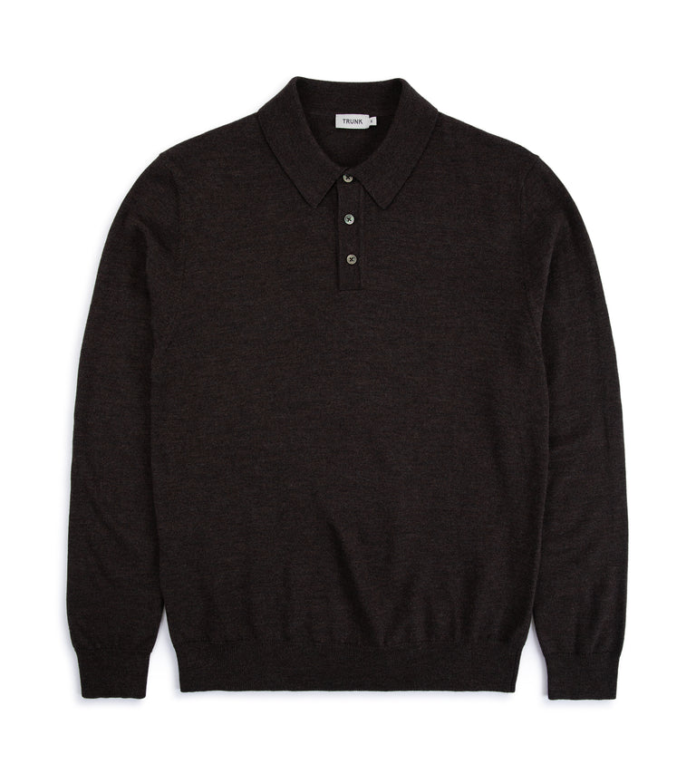 Trunk Enford Merino Knit Long Sleeve Polo Shirt: Mole Brown 