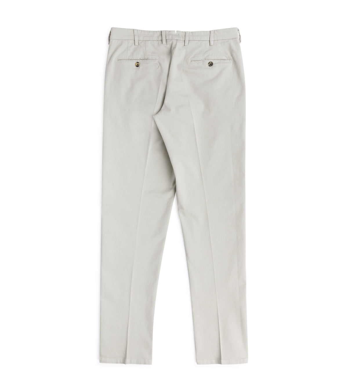 Trunk Palmer Flat Front Cotton Twill Trousers in Greige back view showing two back pockets with buttons.