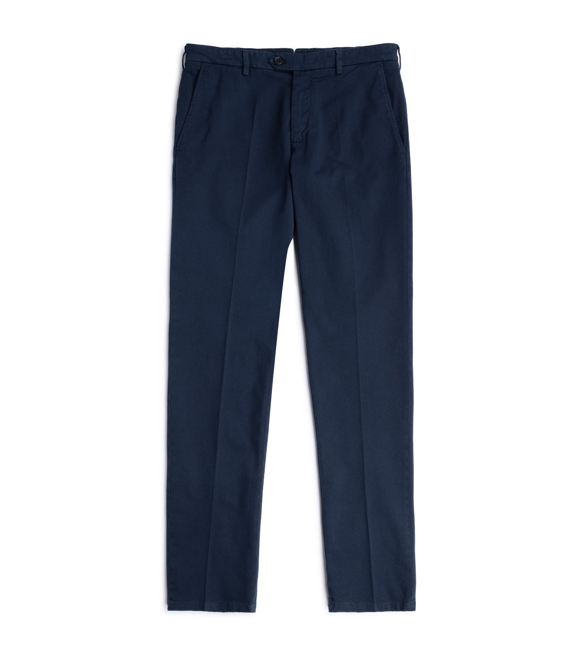 Trunk Palmer Flat Front Cotton Twill Trousers in Navy showing front button, side pockets and belt loops.
