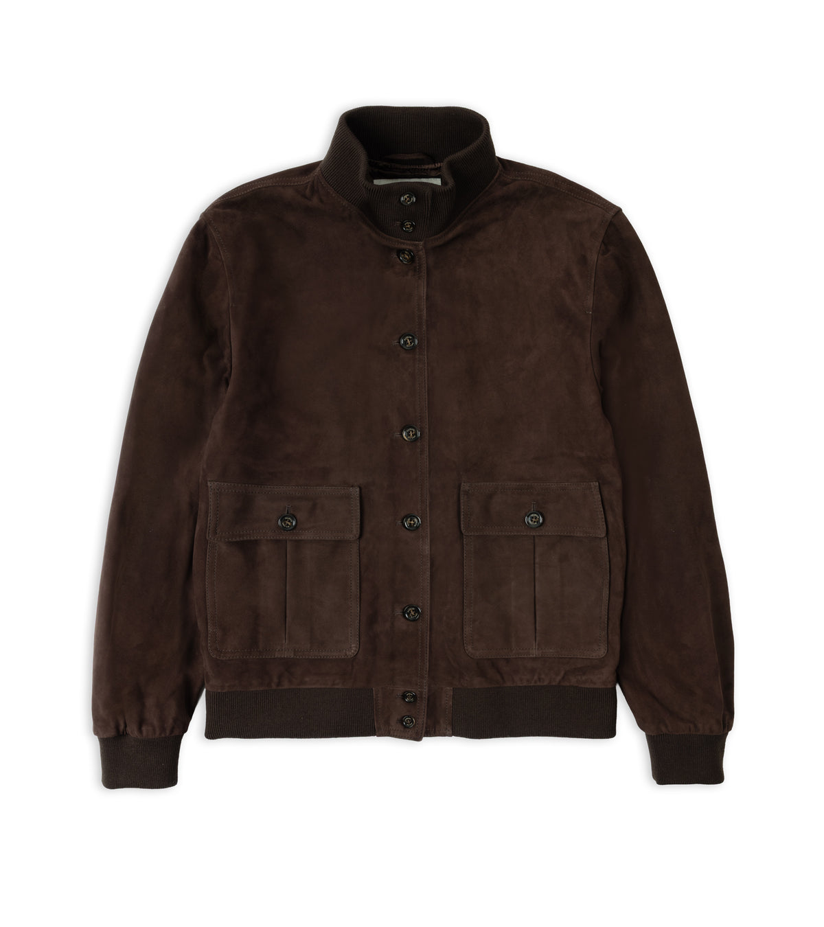 A dark brown suede jacket with a stand-up collar, button-up front, and two front flap pockets, shown against a plain white background.
