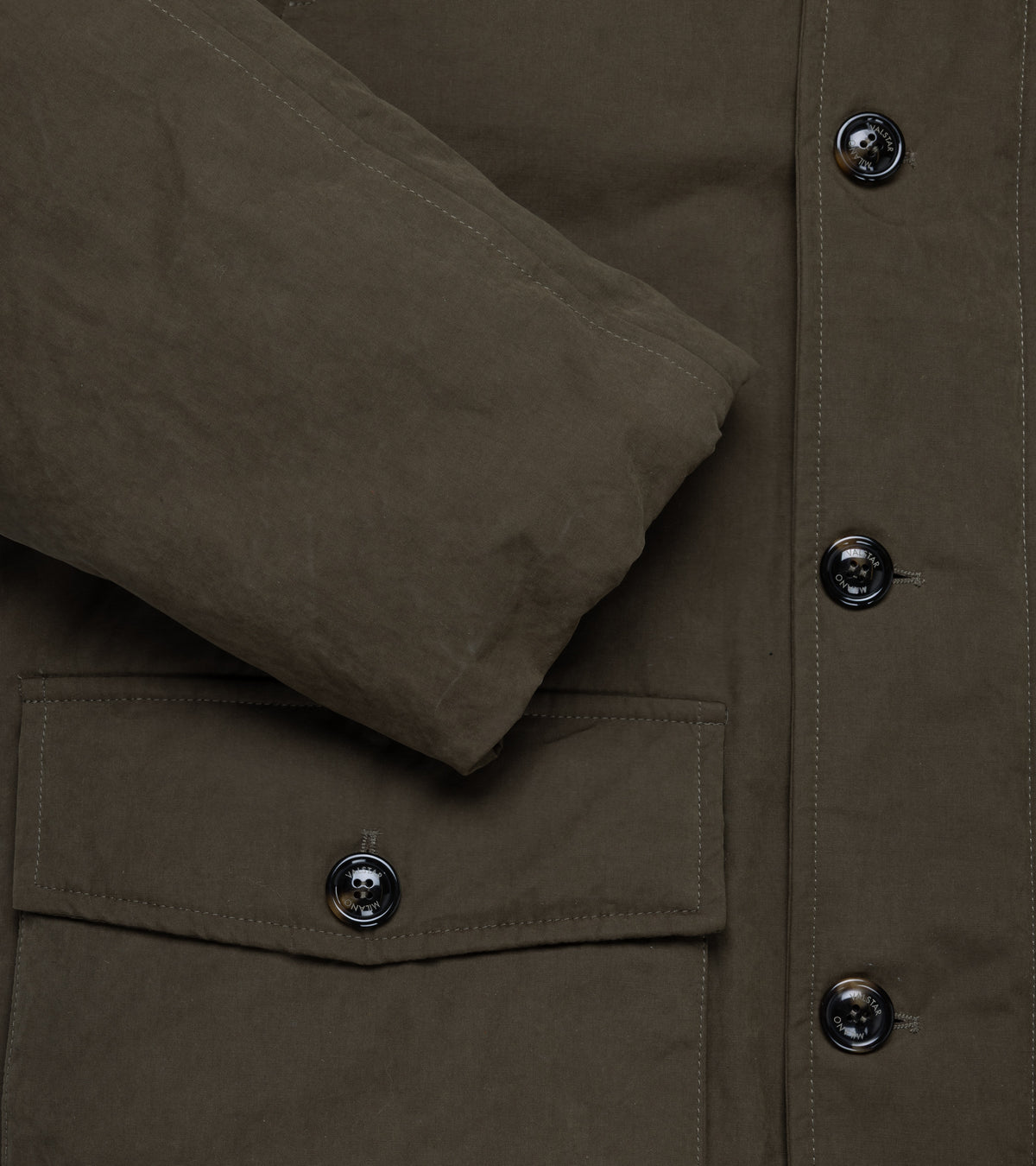 Valstar Liam Water-Repellent Waxed Cotton Down Padded Parka in Olive. Close-up detail of the sleeve, pocket and waxed cotton fabric.