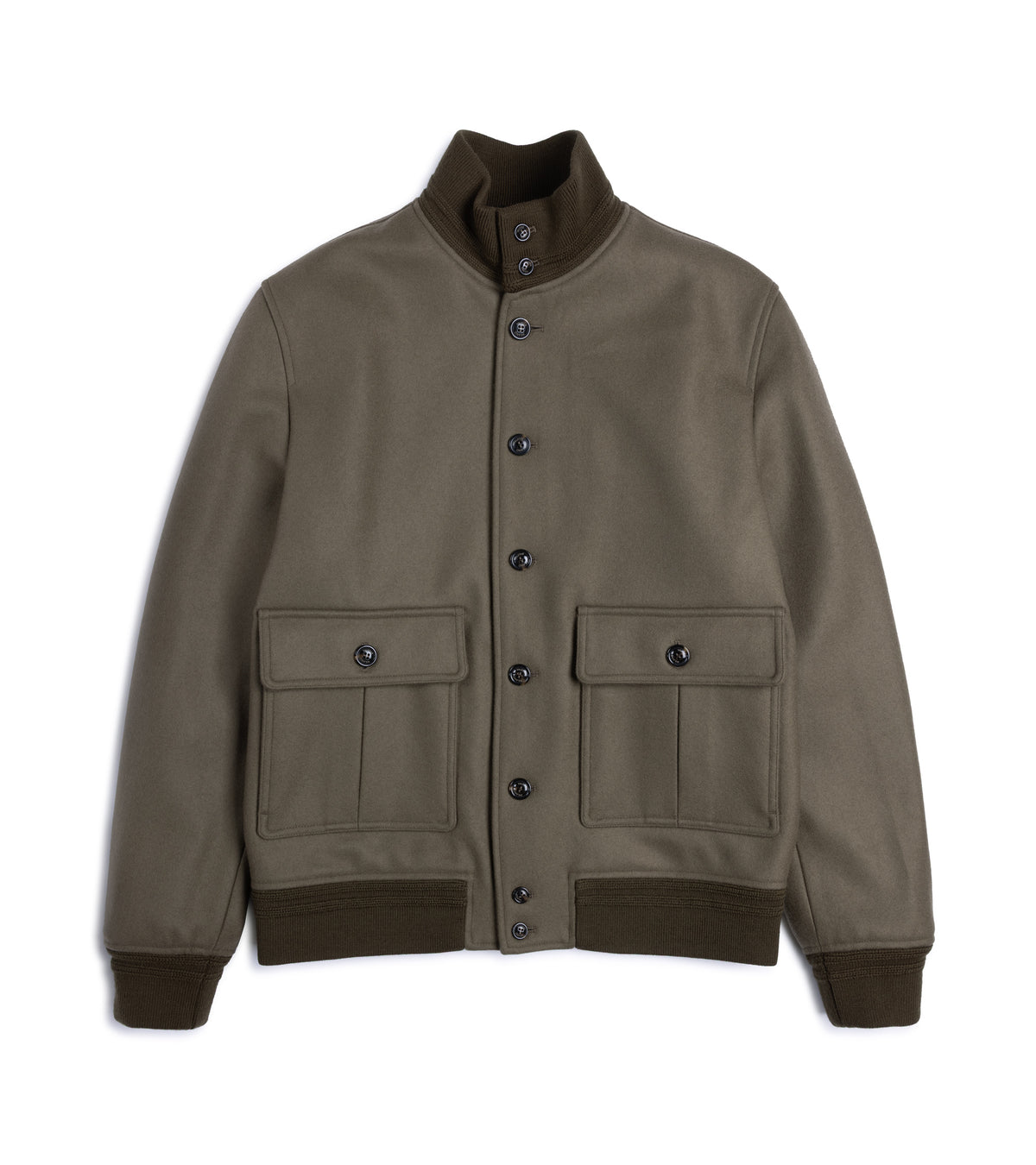 Valstar Valstarino Wool Felt Jacket in Olive, front view. Five button front with two at the collar and two more at the hem. Two external patch pockets with button closure, tonal ribbings at the collar, cuff and hem.