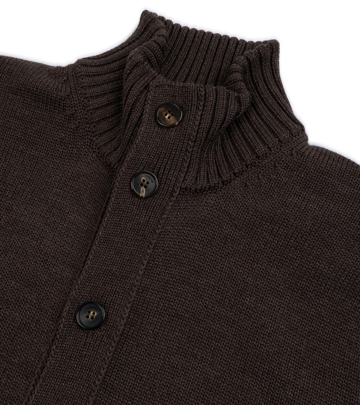 Close-up of the Zanone Chioto 5-Gauge Wool Cardigan in Brown showing the ribbed neck, front buttons and fabric texture.