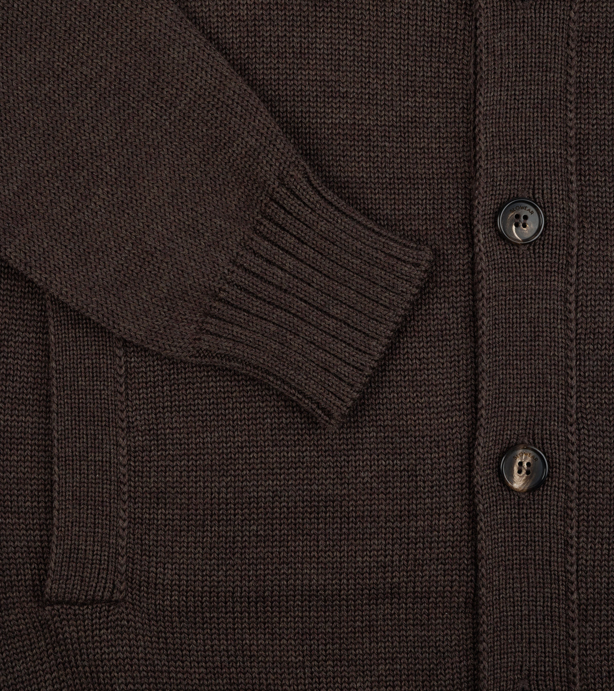 Close-up of the Zanone Chioto 5-Gauge Wool Cardigan in Brown showing the ribbed sleeve cuff, button placket, and pocket details.