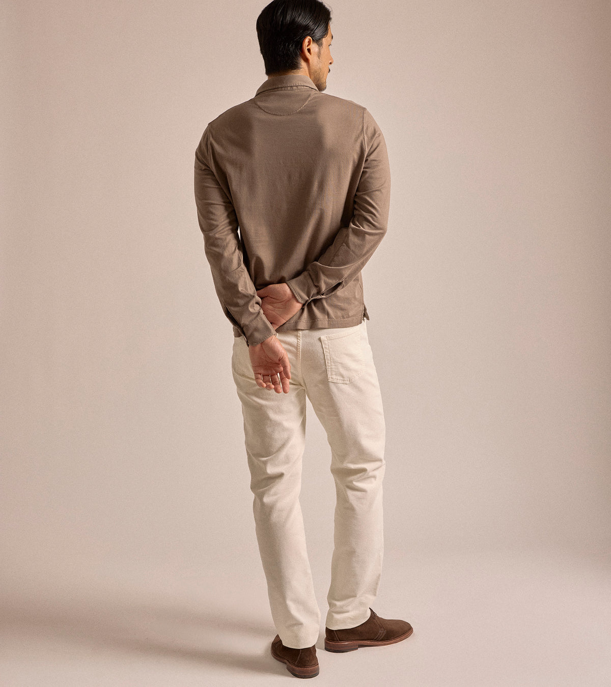 Fedeli Zero Cotton Jersey Long Sleeve Polo Shirt in dark greige, product photo.