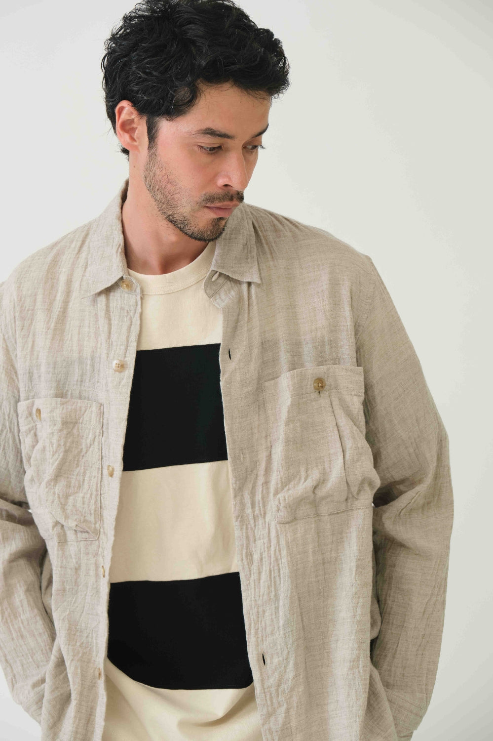 Sage de Cret Linen Cotton Washed Lawn Cloth Work Shirt Jacket: Ecru