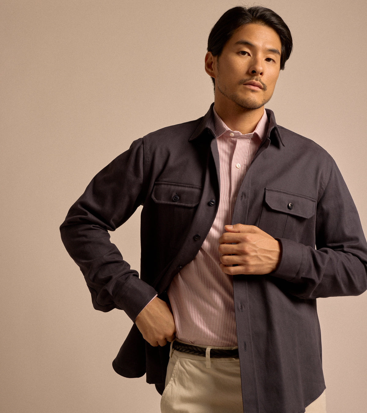 Salvatore Piccolo Cotton Twill Military Shirt: Navy