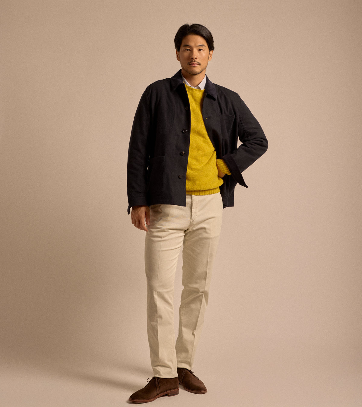 Trunk Coleman Brushed Japanese Cotton Jacket in navy with Trunk Goswell Brushed Lambswool Crew Neck Sweater in citrus, styled shot.