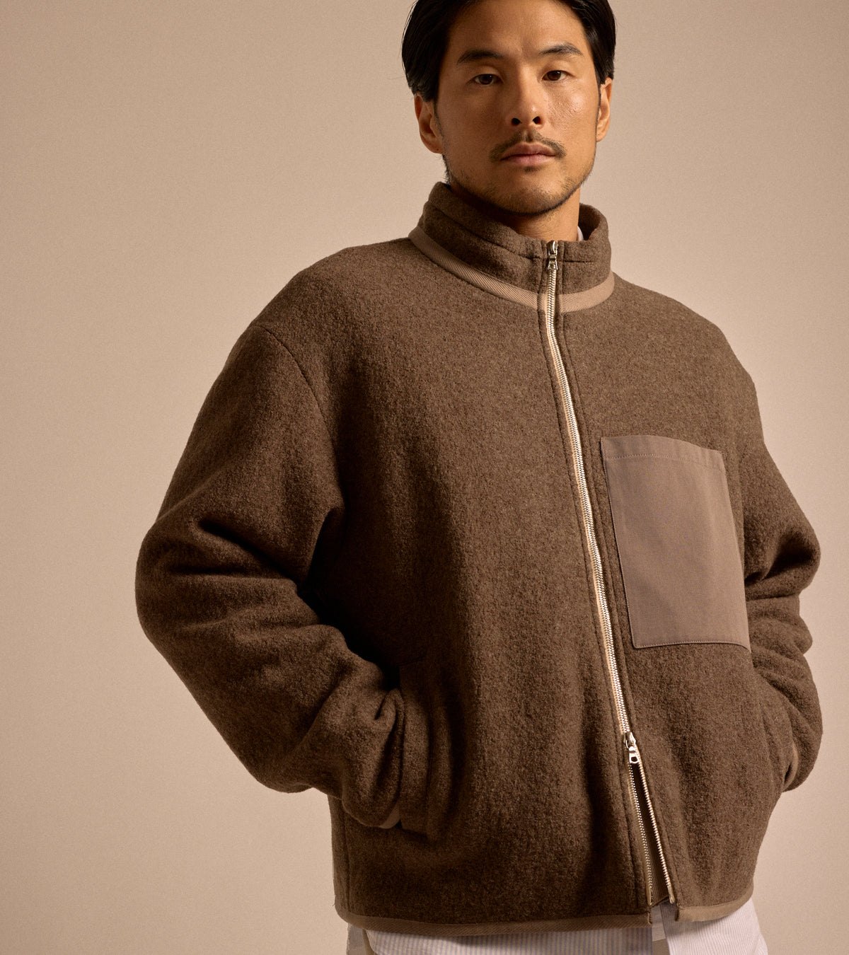 De Bonne Facture Boiled Wool Bookstore Jacket in ash brown, product photo.