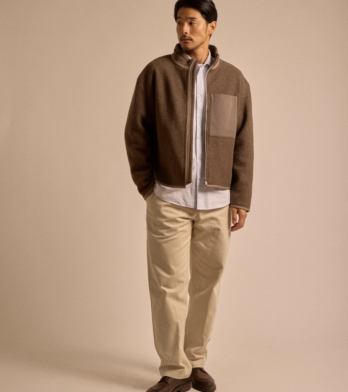 De Bonne Facture Boiled Wool Bookstore Jacket in ash brown, product photo.