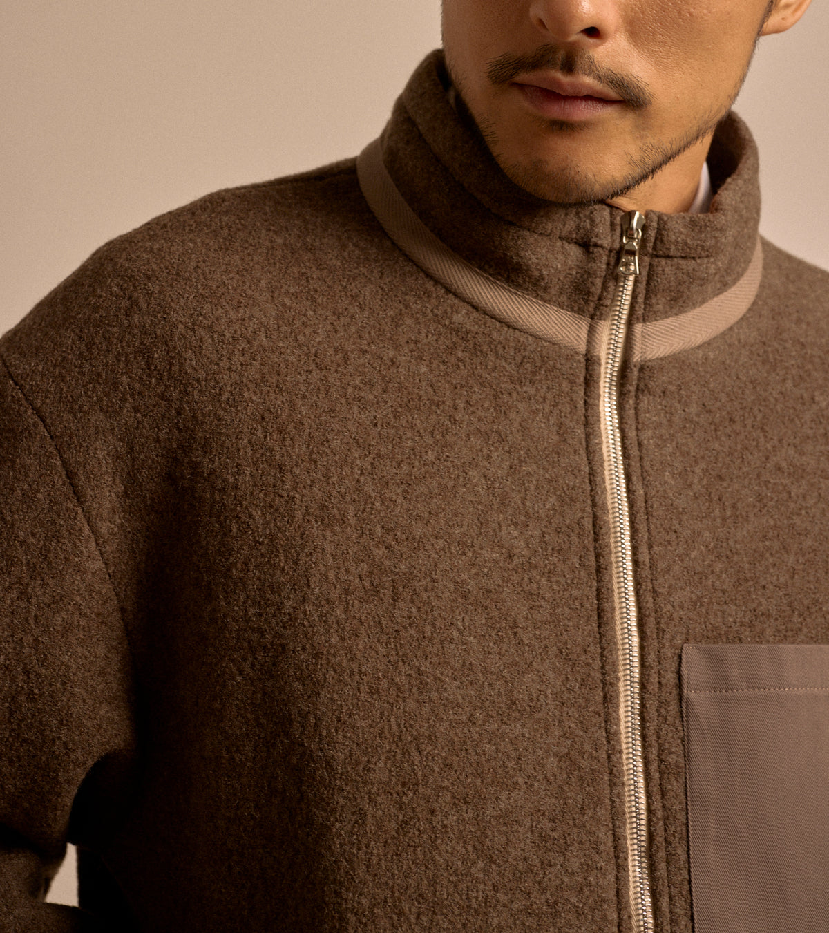 De Bonne Facture Boiled Wool Bookstore Jacket in ash brown, product photo.