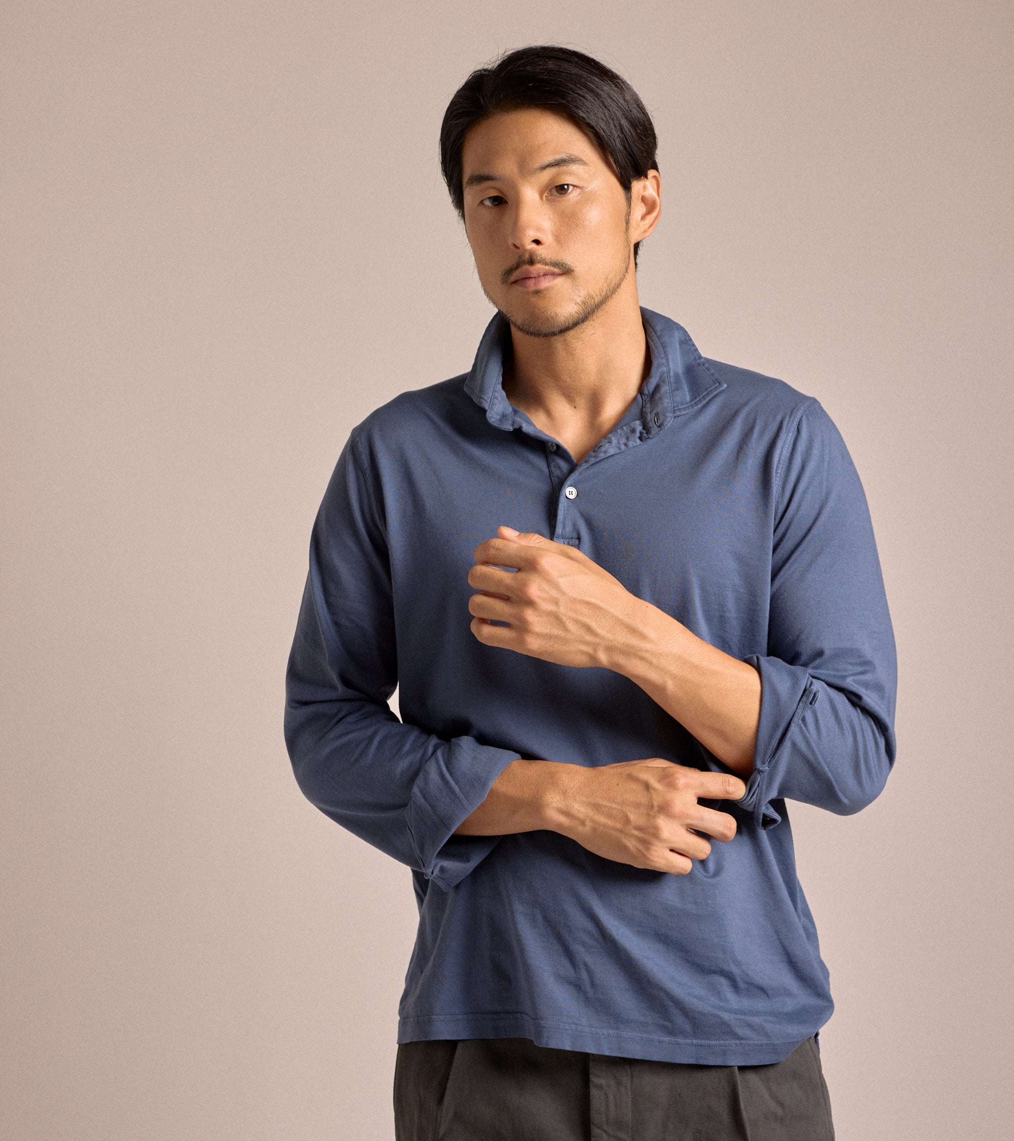 Fedeli Zero Cotton Jersey Long Sleeve Polo Shirt: Dark Blue