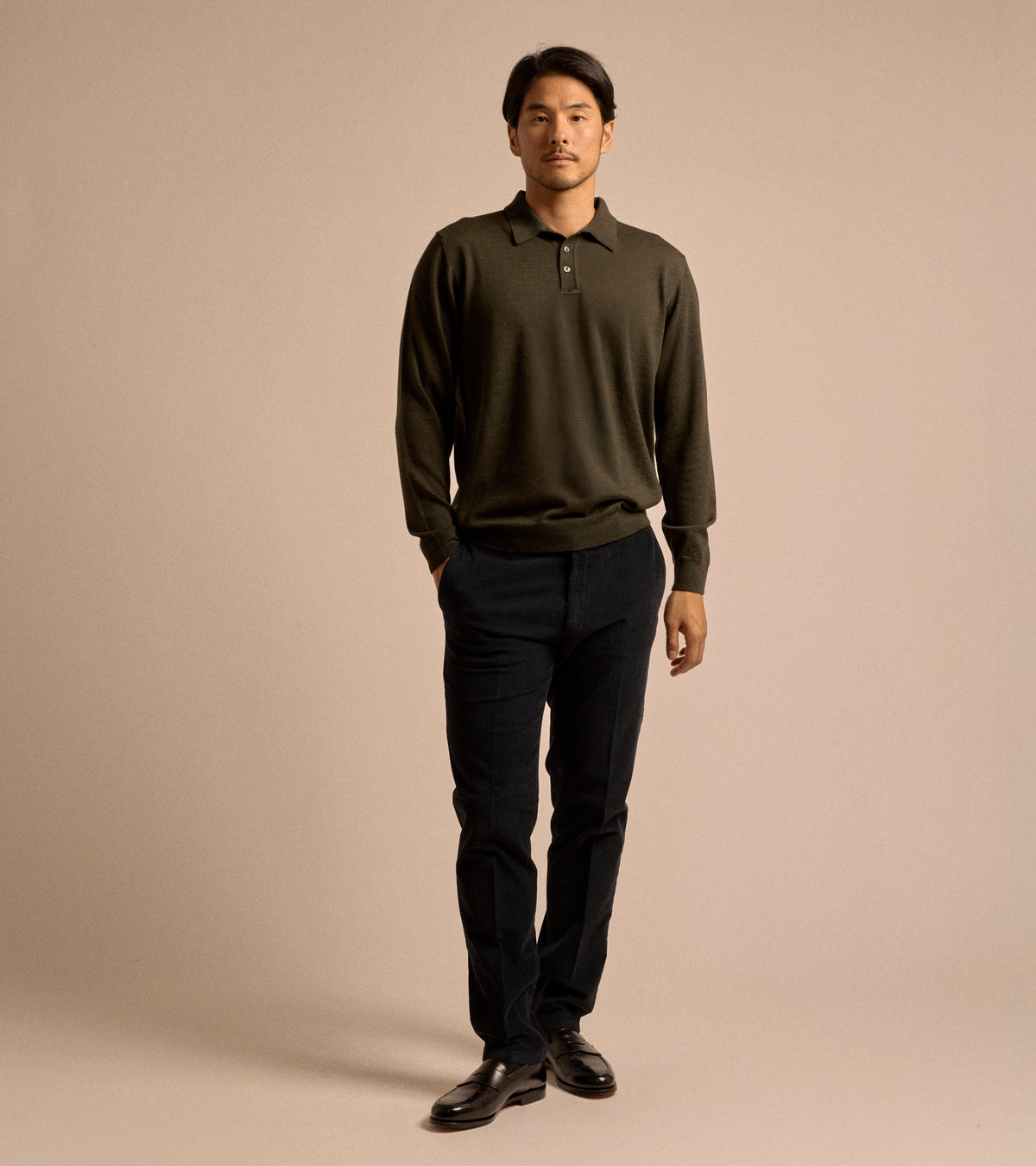 Trunk Enford Merino Knit Long Sleeve Polo Shirt in loden green, product photo.