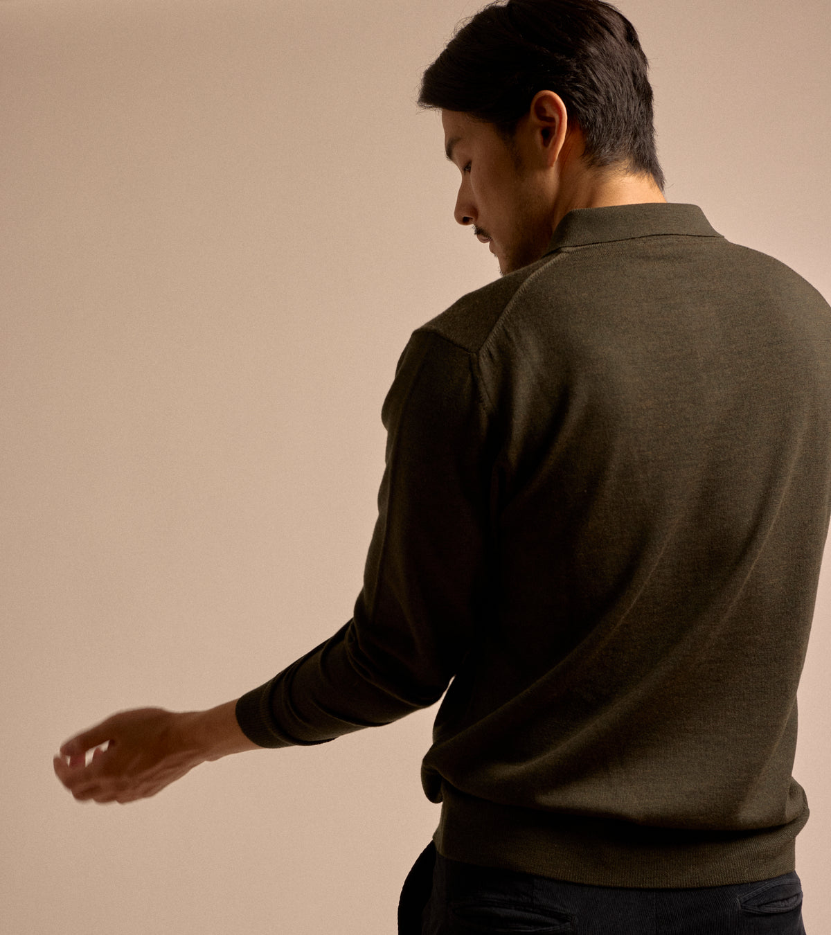 Trunk Enford Merino Knit Long Sleeve Polo Shirt in loden green, product photo.