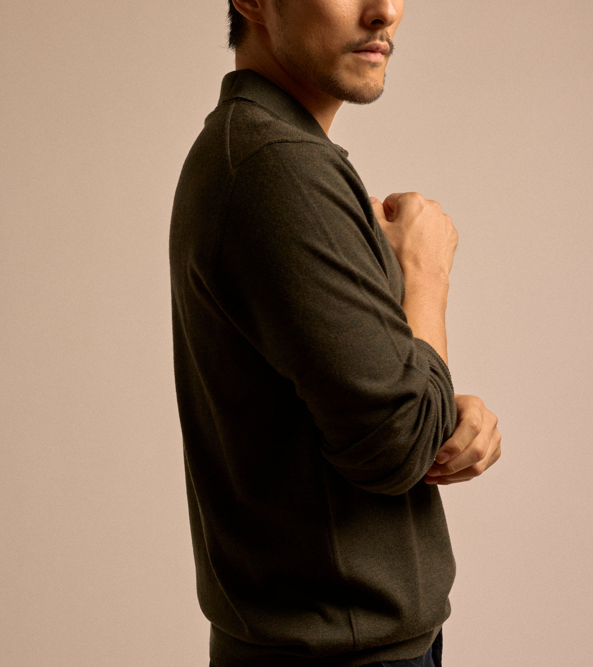 Trunk Enford Merino Knit Long Sleeve Polo Shirt in loden green, product photo.