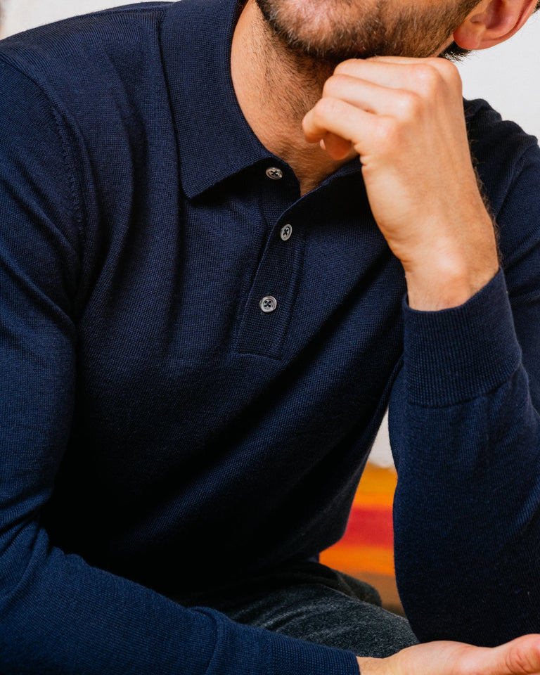Trunk Enford Merino Knit Long Sleeve Polo Shirt: Navy – Trunk 