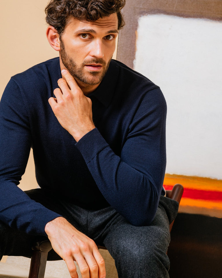 Trunk Enford Merino Knit Long Sleeve Polo Shirt: Navy – Trunk 